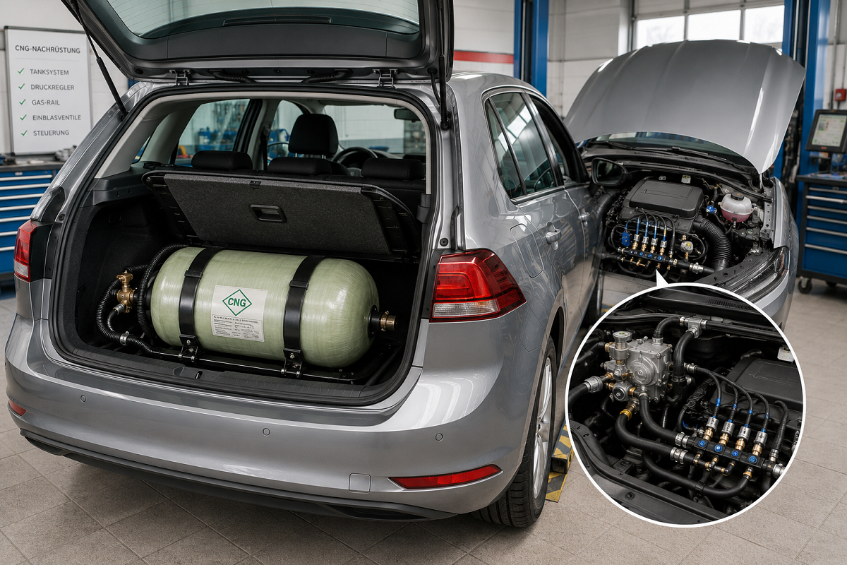 Beispiel einer CNG-Nachr�stung mit zus�tzlichem Druckbeh�lter und Gassystem im Motorraum.